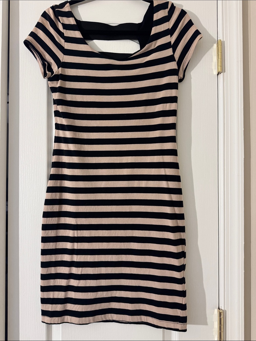 Monteau Black and Beige Striped Scoop‑Neck Mini Dress